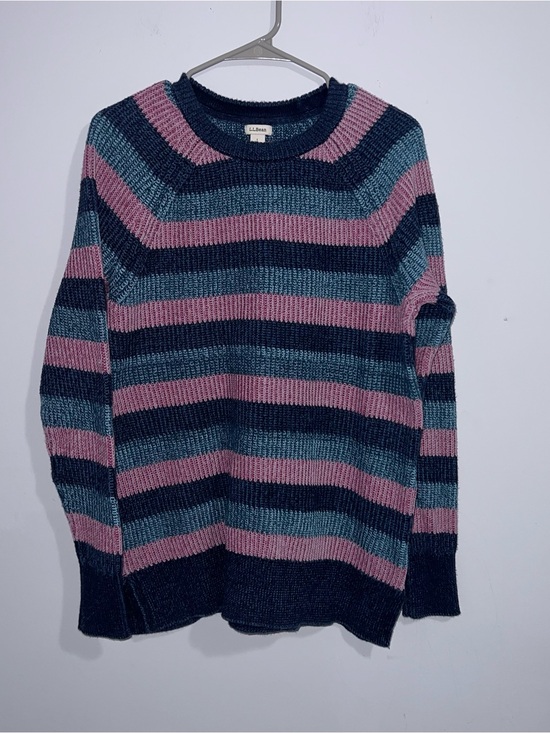 L.L. Bean Sweaters - L.L. Bean Womens L Pullover Crewneck Sweater Pink Navy Teal Striped Cotton Knit